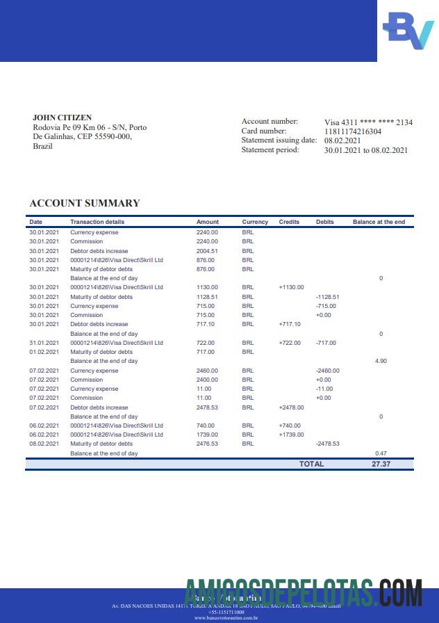 Brazil Banco Votorantim modelo de extrato bancário